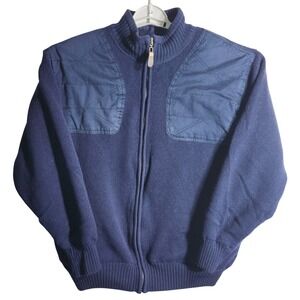 ORVIS Mens Full Zip Sweater Navy Blue Wool Quilted Chest Size M shoulder patches